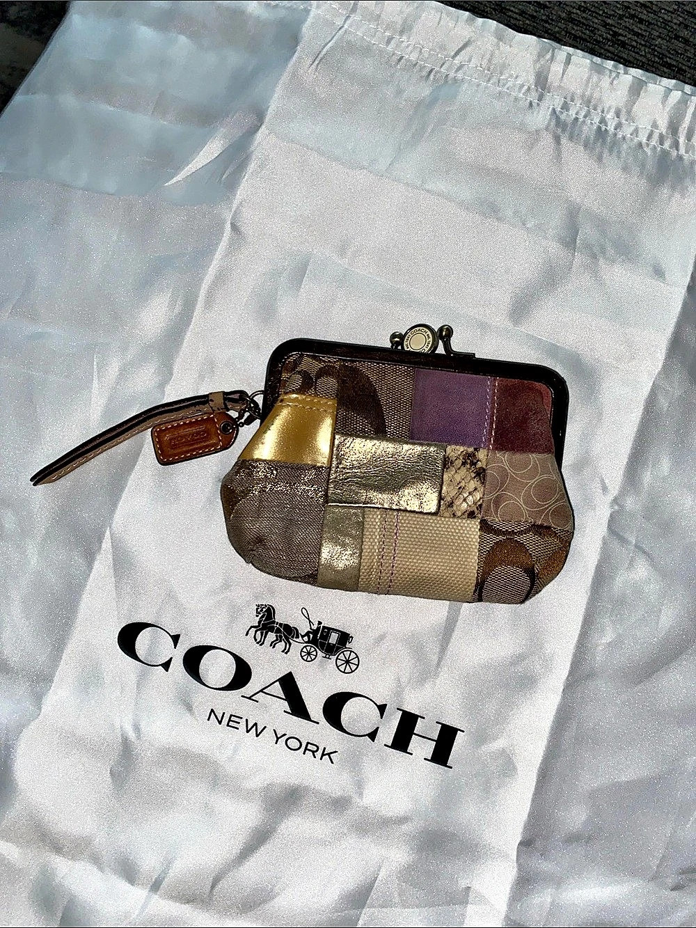 Coach Patchwork Kisslock Coin Purse in Brown & Gold